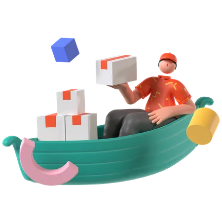 Entregador fazendo transporte de barco  3D Illustration