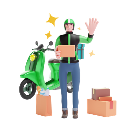 Homem de serviço de entrega com caixas de pacote e scooter  3D Illustration
