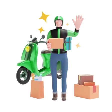 Homem de serviço de entrega com caixas de pacote e scooter  3D Illustration