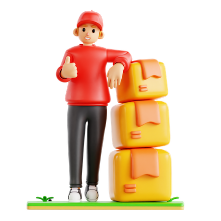 Entregador mostrando polegares para cima enquanto segura caixas  3D Icon