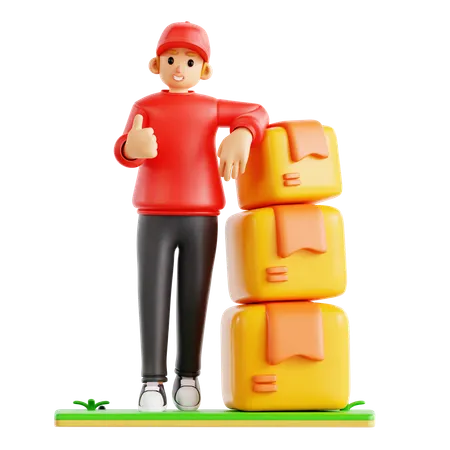 Entregador mostrando polegares para cima enquanto segura caixas  3D Icon
