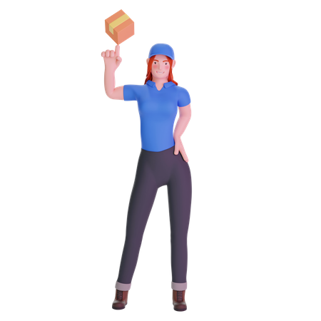 Entregadora de uniforme brincando com pacote de caixa de papelão  3D Illustration