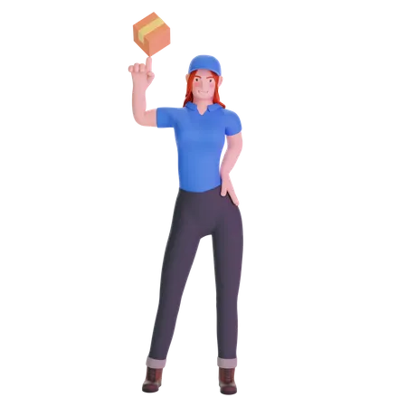 Entregadora de uniforme brincando com pacote de caixa de papelão  3D Illustration