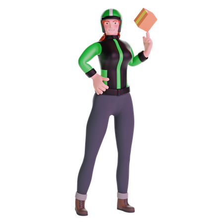 Entregadora de jaqueta de uniforme brincando com pacote de caixa de papelão  3D Illustration