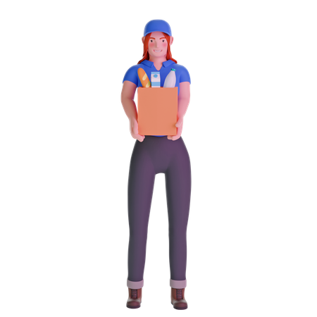 Entregadora de uniforme segurando mantimentos  3D Illustration
