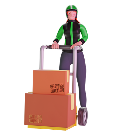 Entregadora segurando carrinho carregado com caixas de papelão  3D Illustration