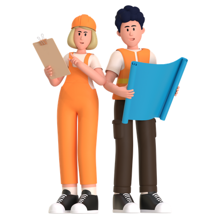 Equipe de construção mostrando planta  3D Icon