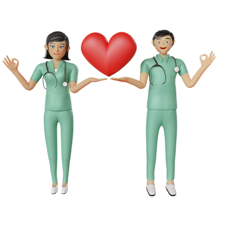 Équipe d'infirmières de soins de santé tenant le coeur  3D Illustration