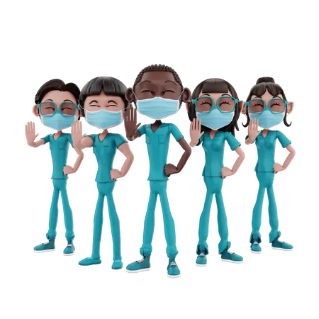 Équipe d'infirmières médicales montrant un panneau d'arrêt  3D Illustration