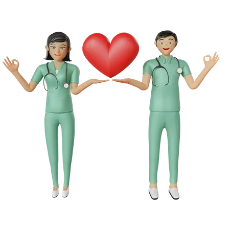 Equipo de enfermeras de atención médica con corazón  3D Illustration