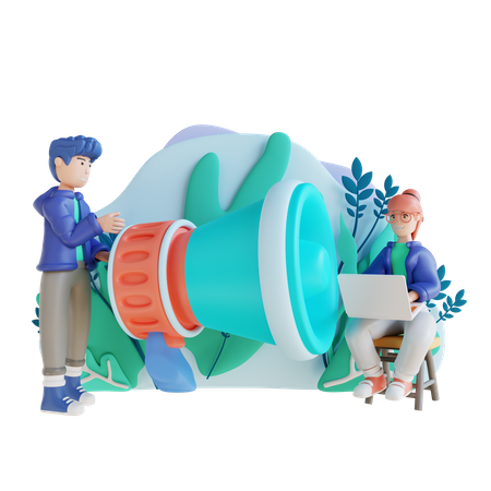 Equipo empresarial trabajando en marketing digital.  3D Illustration