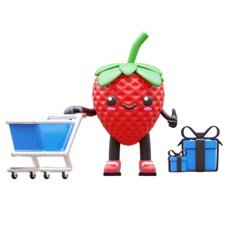 Erdbeere schiebt Einkaufswagen mit Geschenken  3D Illustration