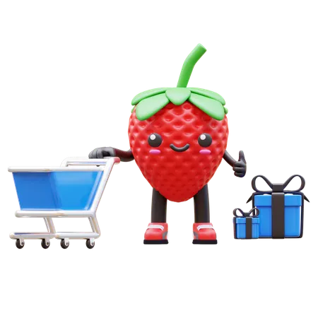 Erdbeere schiebt Einkaufswagen mit Geschenken  3D Illustration
