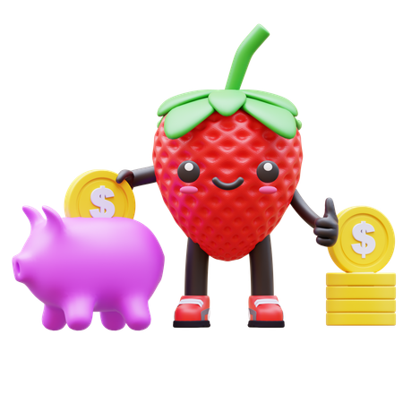 Erdbeere legt Münze in Sparschwein-Konzept  3D Illustration
