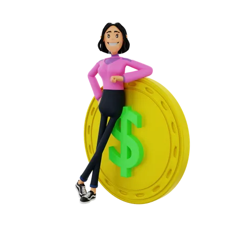 Erfolgreiche Geschäftsfrau mit Dollarmünze  3D Illustration