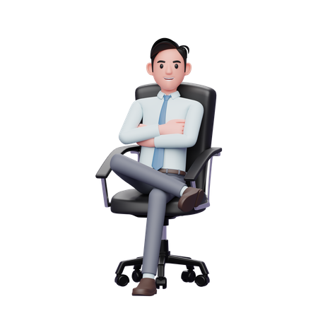 Erfolgreicher Geschäftsmann sitzt auf einem Stuhl mit verschränkten Armen auf der Brust  3D Illustration