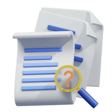 This 3 D Illustration Showcases An Icon Of Documents With A Magnifying Glass And A Question Mark Symbolizing An Error Or An Issue Found Within The Documents The Vibrant Design With Blue And White Color Scheme Makes It Perfect For Applications And Websites To Indicate Errors Or Incomplete Information 3D Icon