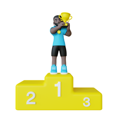 Athlet, der den ersten Platz belegt, steht auf dem Podium  3D Illustration