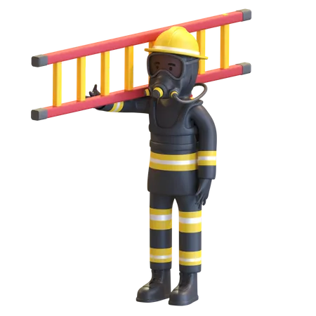 Proteção completa de equipamento de bombeiro segurando escada  3D Illustration