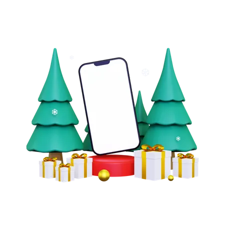 Escena Del Podio De Exhibicion De Productos Con Telefono Inteligente Para Navidad 3D Illustration
