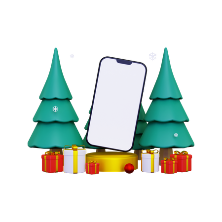 Escena del podio de exhibición de productos con teléfono inteligente para Navidad.  3D Illustration