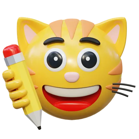 Escritura Con Lapiz Cara Expresion Gato Emoticon Pegatina 3 D Icono Ilustracion 3D Icon