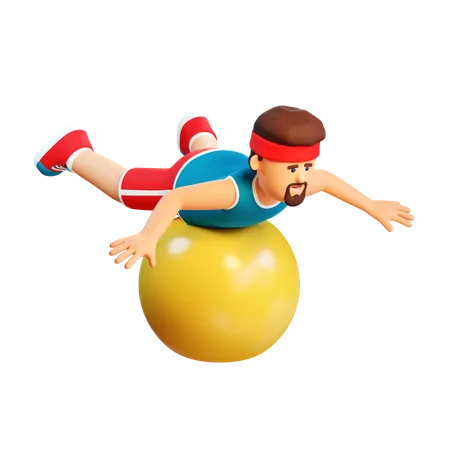 O Homem 3 D Esta Treinando Em Uma Bola De Fitness Desportista De Desenho Animado Com Bola De Fitness 3D Illustration