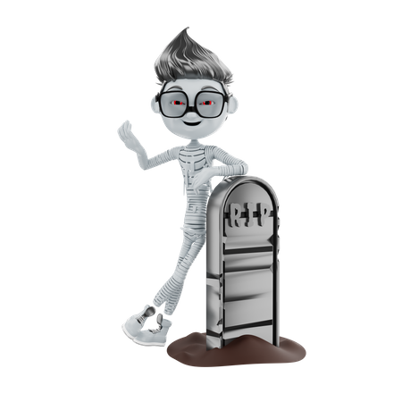 Esqueleto de Halloween em pé na placa RIP  3D Illustration