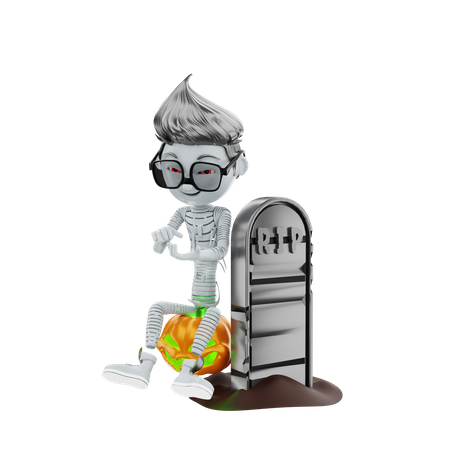 Esqueleto de Halloween sentado ao lado do sinal de rasgo  3D Illustration