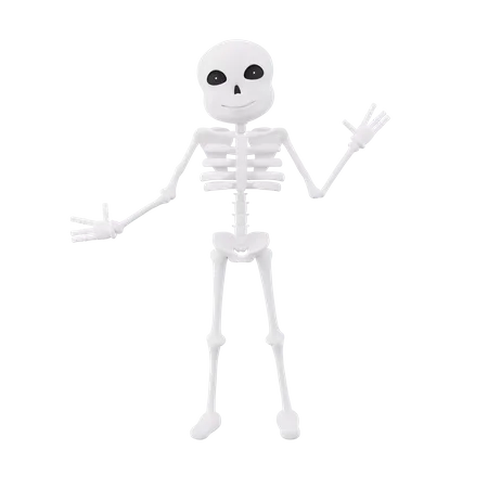 Esqueletos divertidos de pie mientras muestran la mano derecha.  3D Illustration