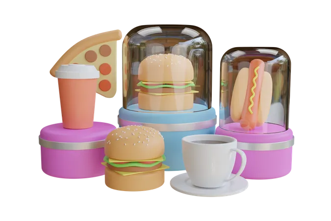 Satz Von 3 D Realistischen Fast Food Elementen Essen Und Trinken Pizzastuck Burger Kaffeetasse Hot Dog Auf Violettem Hintergrund 3 D Rendering 3D Illustration