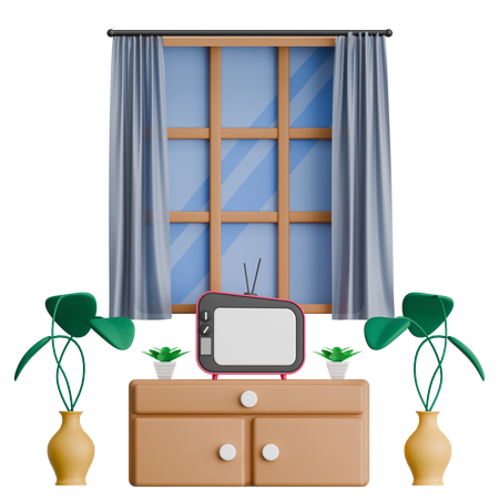 Estante de TV con plantas y ventana interior.  3D Icon