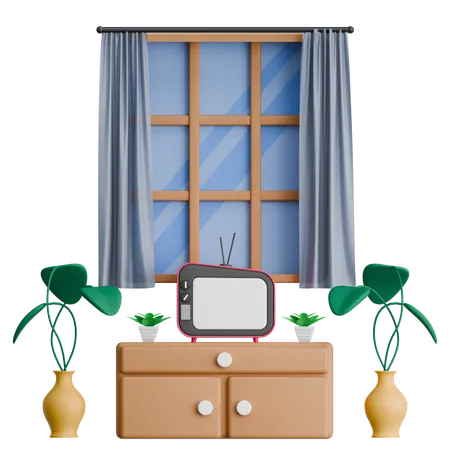 Estante de TV con plantas y ventana interior.  3D Icon