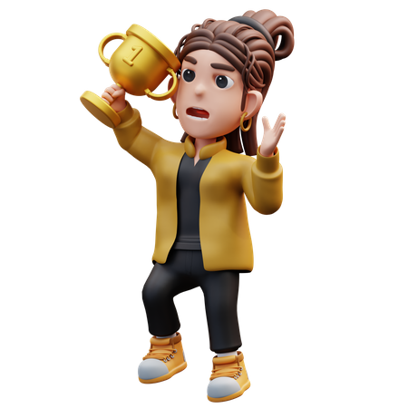 Chica estilista saltando felizmente sosteniendo el trofeo  3D Illustration