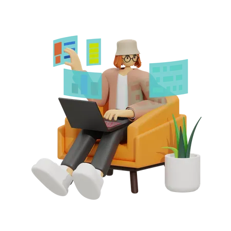 Estilo de vida de trabalho com sofá confortável e conectado  3D Illustration