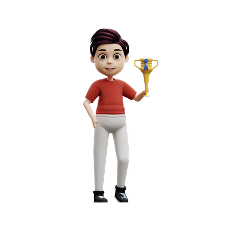 Garoto estudante segurando um troféu  3D Illustration