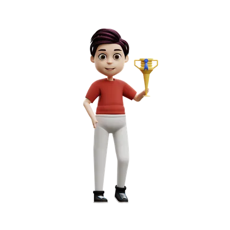 Garoto estudante segurando um troféu  3D Illustration