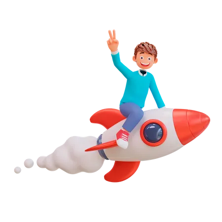 Personagem De Estudante Esta Voando Em Um Foguete 3D Illustration