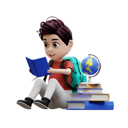 Chico estudiante leyendo un libro  3D Illustration