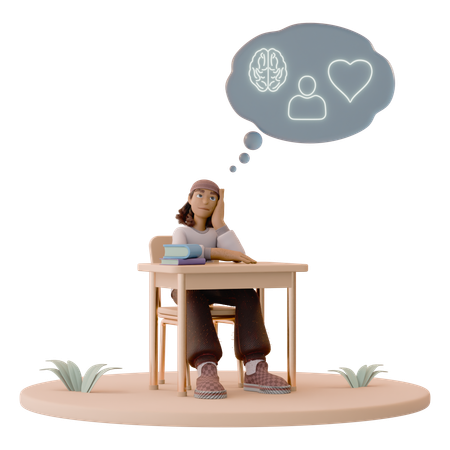 Estudiante con burbuja de pensamiento sobre salud emocional  3D Icon