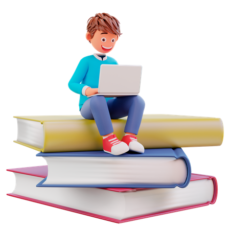 Estudiante estudiando en una computadora portátil mientras está sentado en libros grandes  3D Illustration