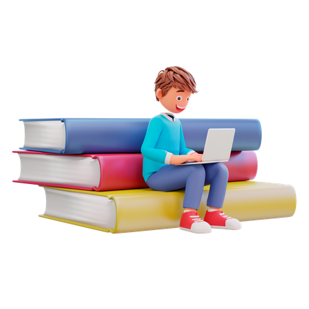 Estudiante estudiando en una computadora portátil mientras está sentado en libros grandes  3D Illustration