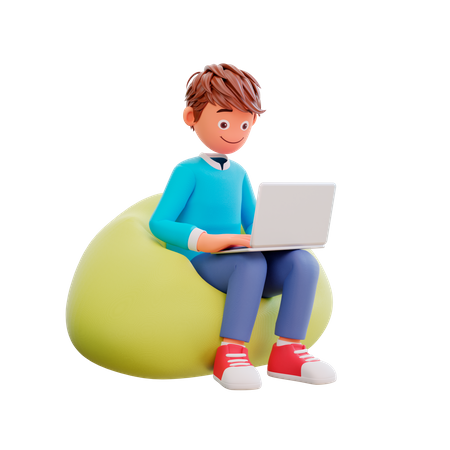 Estudiante estudiando en una computadora portátil mientras está sentado en una bolsa de frijoles  3D Illustration