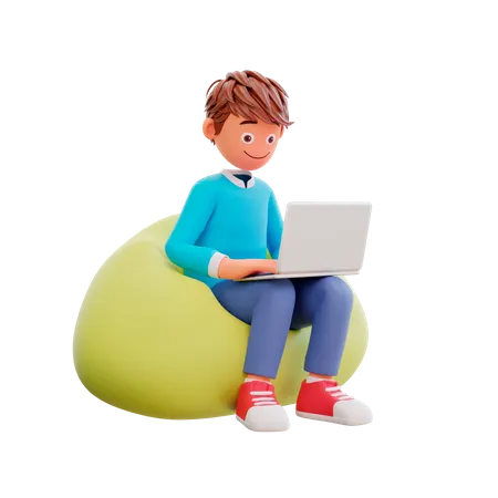 Estudiante estudiando en una computadora portátil mientras está sentado en una bolsa de frijoles  3D Illustration