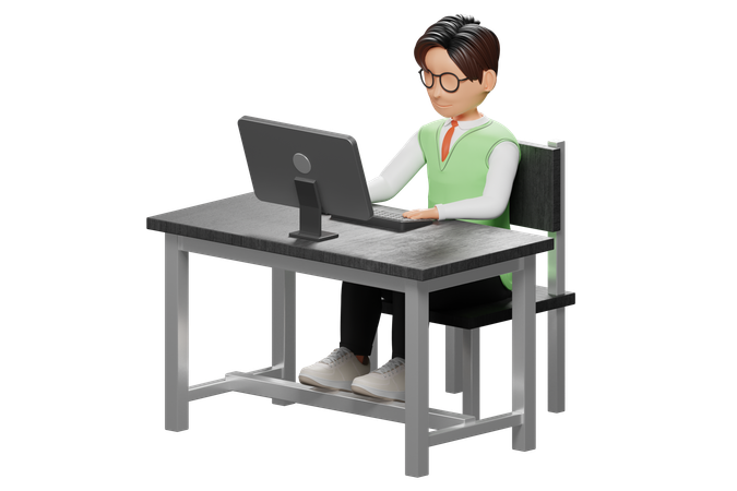 Estudiante masculino trabajando en la computadora  3D Icon