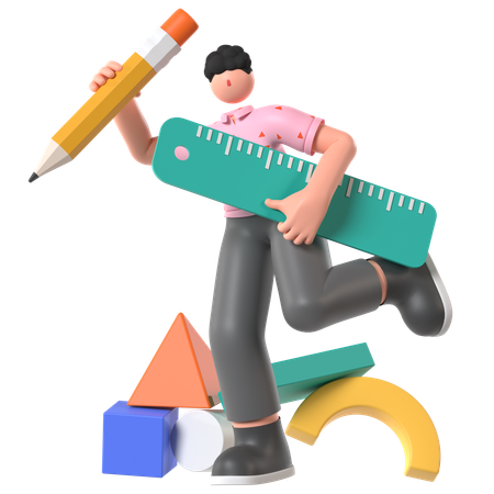 Estudiante usando una escala de lápiz para dibujar  3D Icon