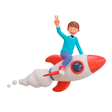 Estudiante volando en un cohete  3D Illustration