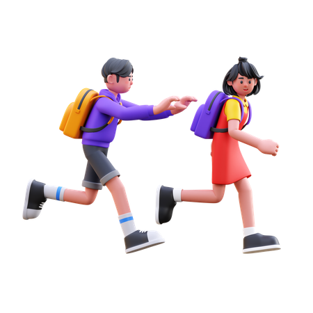 Estudiantes corriendo para llegar tarde a la escuela  3D Illustration