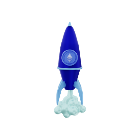 Moneda criptográfica Ethereum subiendo en un cohete  3D Illustration