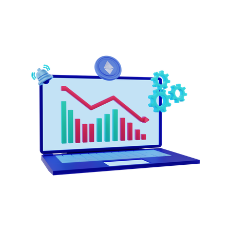 Ethereum Crypto Coin Down Graph With Laptop  3D Icon